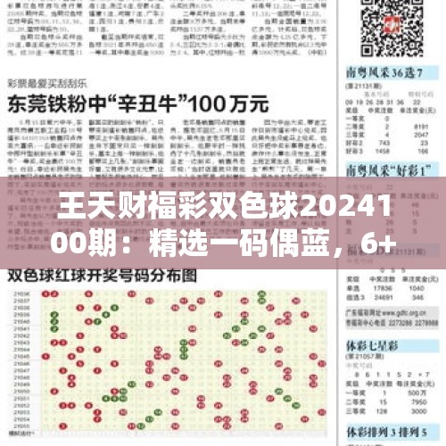 王天财福彩双色球2024100期：精选一码偶蓝，6+1单挑12