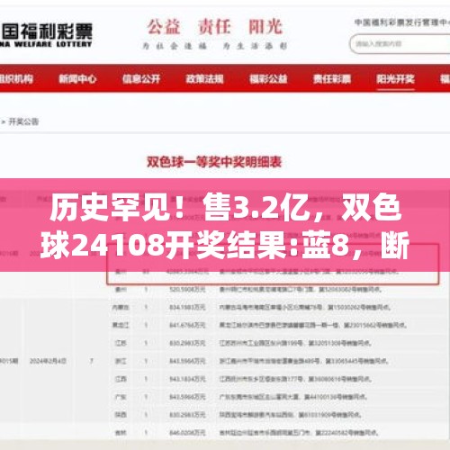 历史罕见！售3.2亿，双色球24108开奖结果:蓝8，断二区，两连 重号