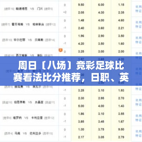 周日〔八场〕竞彩足球比赛看法比分推荐，日职、英超、德甲、法甲