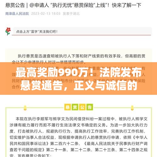 最高奖励990万！法院发布悬赏通告，正义与诚信的呼唤