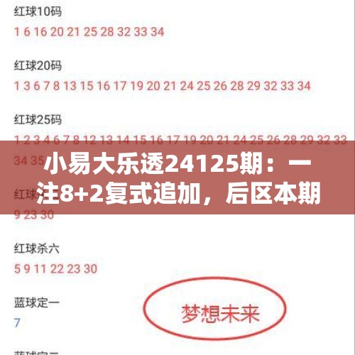 小易大乐透24125期：一注8+2复式追加，后区本期要买02+04