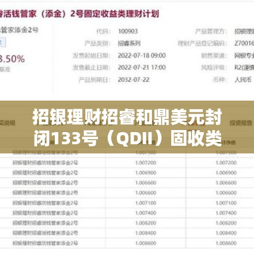 招银理财招睿和鼎美元封闭133号（QDII）固收类理财计划30日起发行