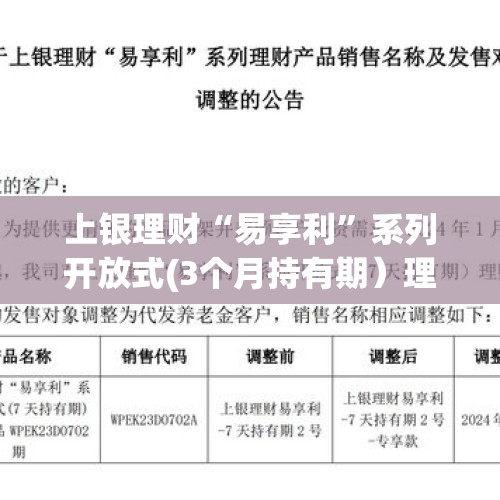 上银理财“易享利”系列开放式(3个月持有期）理财产品WPEK24M0308期1日起发行