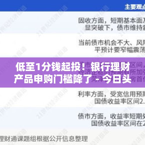 低至1分钱起投！银行理财产品申购门槛降了 - 今日头条